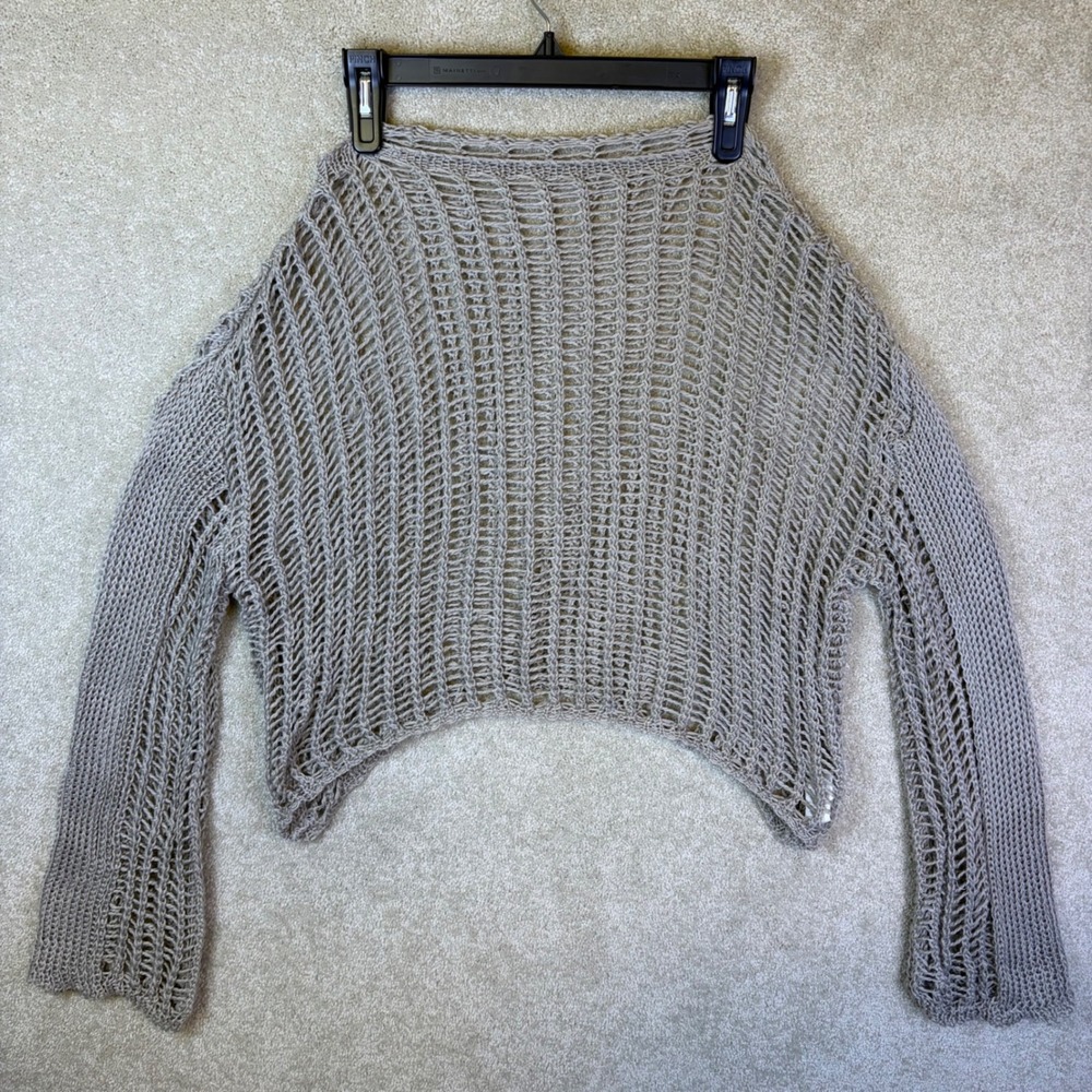 Cupshe Crochet Top Womens Small Gray Open Knit Bell Sleeve Boho Coastal NEW